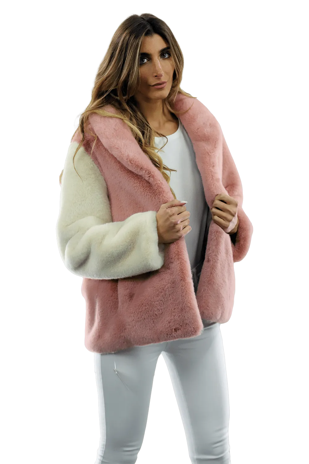 Plush Faux Fur Color Block Coat - Pink/White