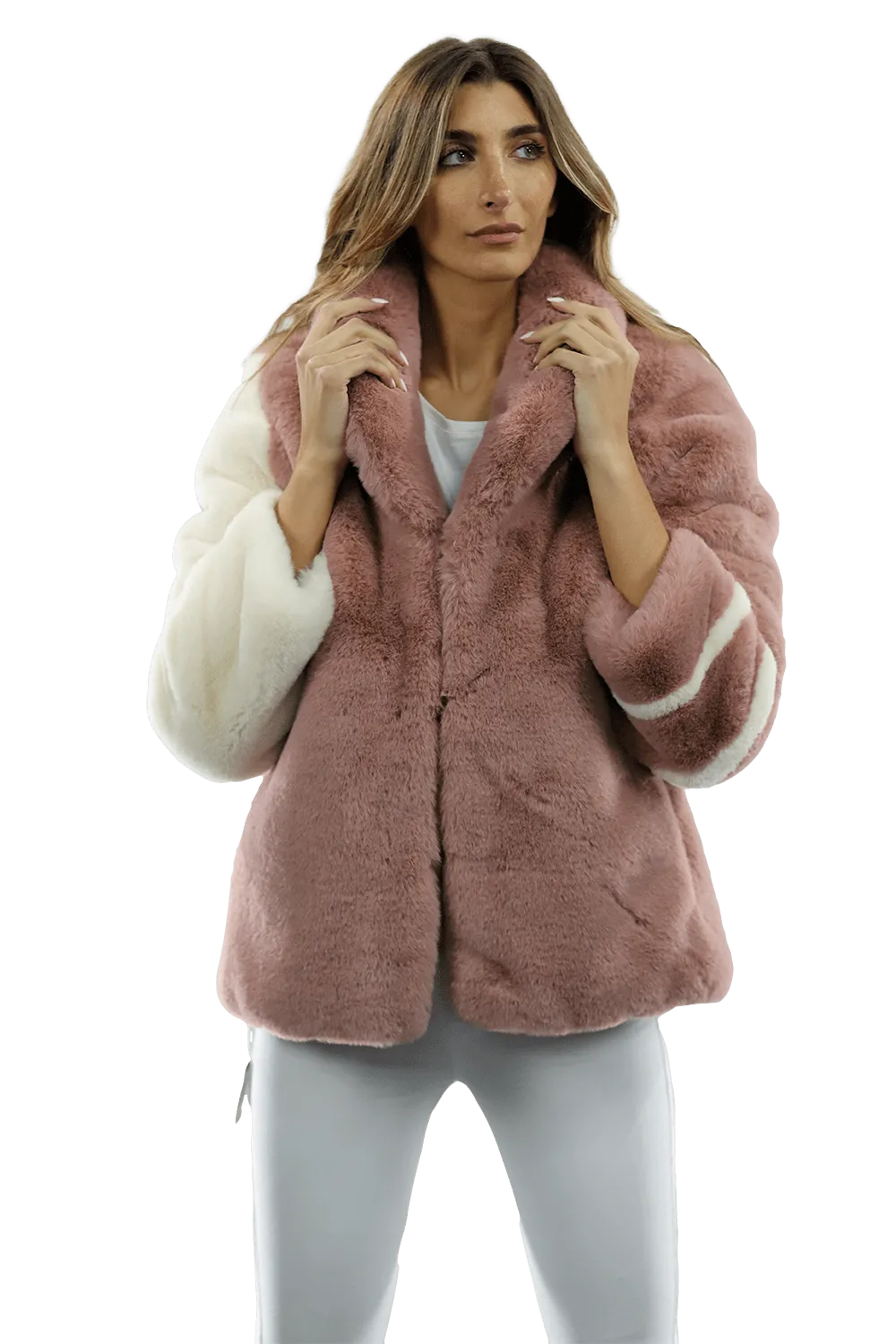 Plush Faux Fur Color Block Coat - Pink/White