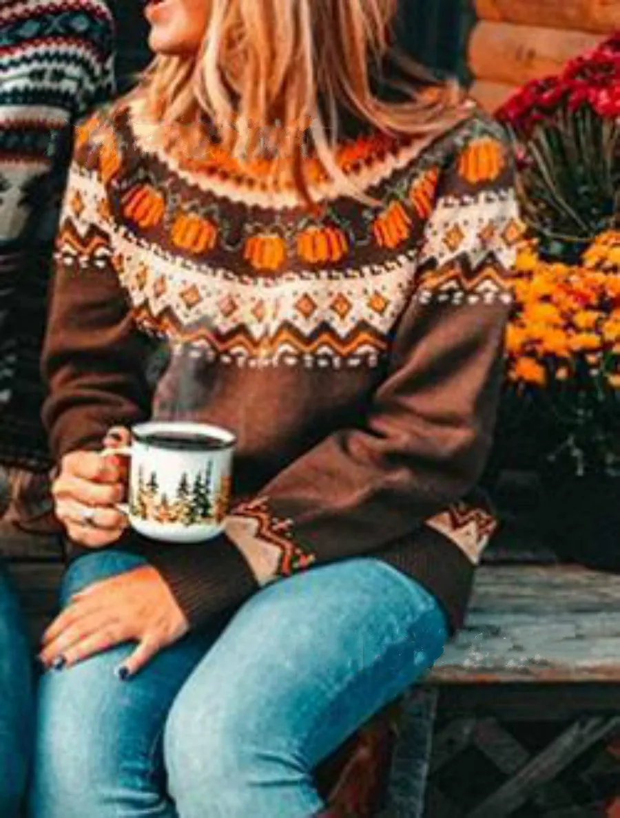 Printed  Tight Knit Holiday Pullover Brown Crew Neck Knitted Sweater