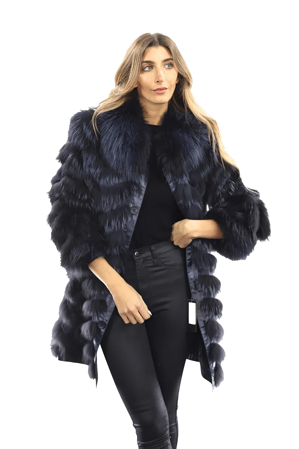 Reversible Silver Fox Fur Coat - Dark Blue