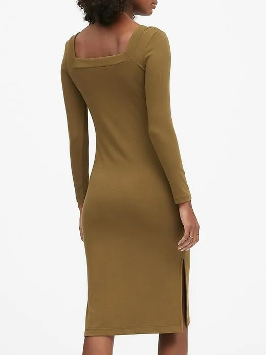 Ribbed Square-Neck T-Shirt Dress in Cindered Olive Green