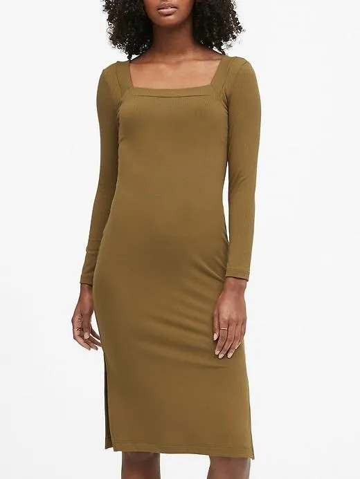 Ribbed Square-Neck T-Shirt Dress in Cindered Olive Green