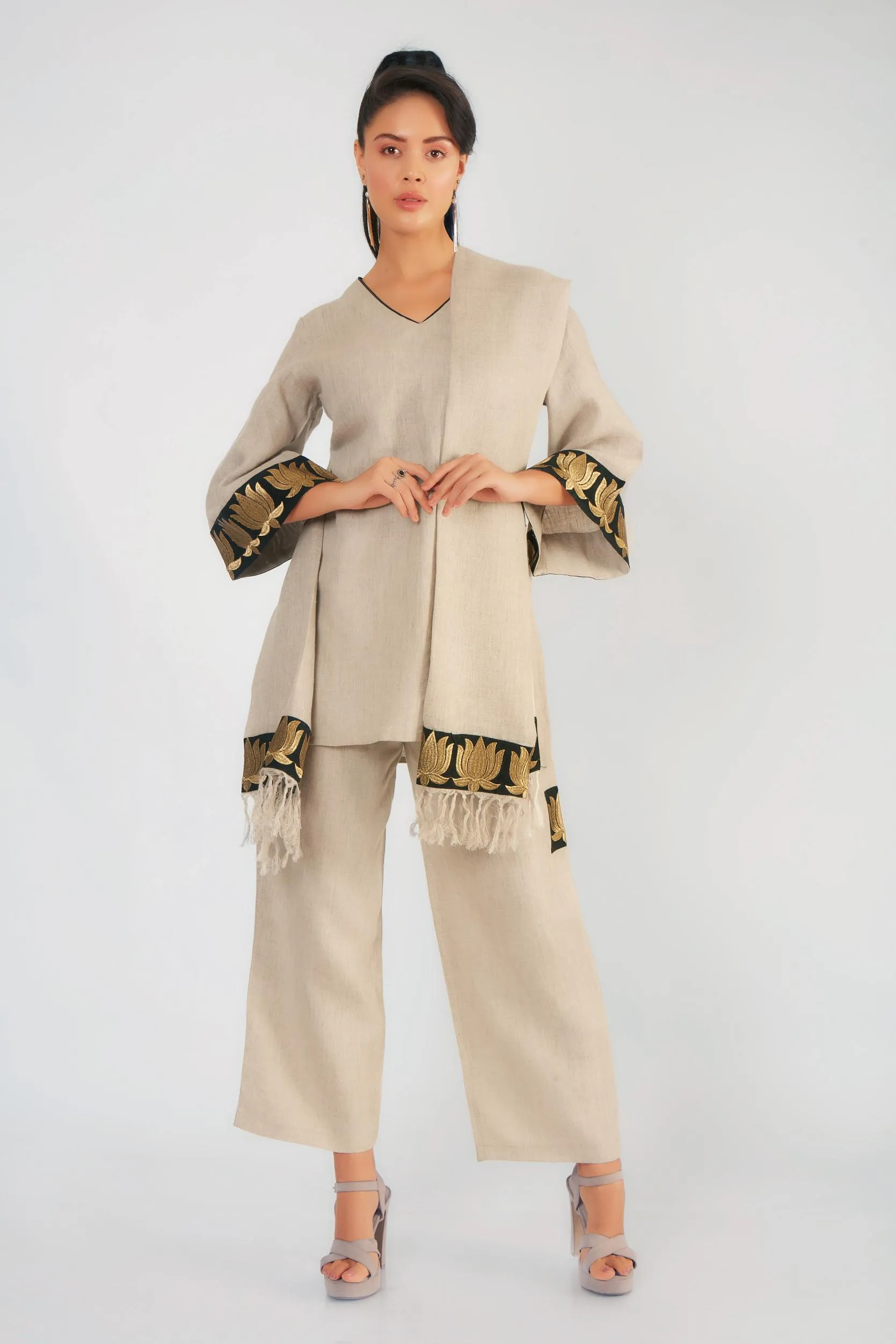 Royal Beige Lotus Embroidered Pure Linen Pants Set