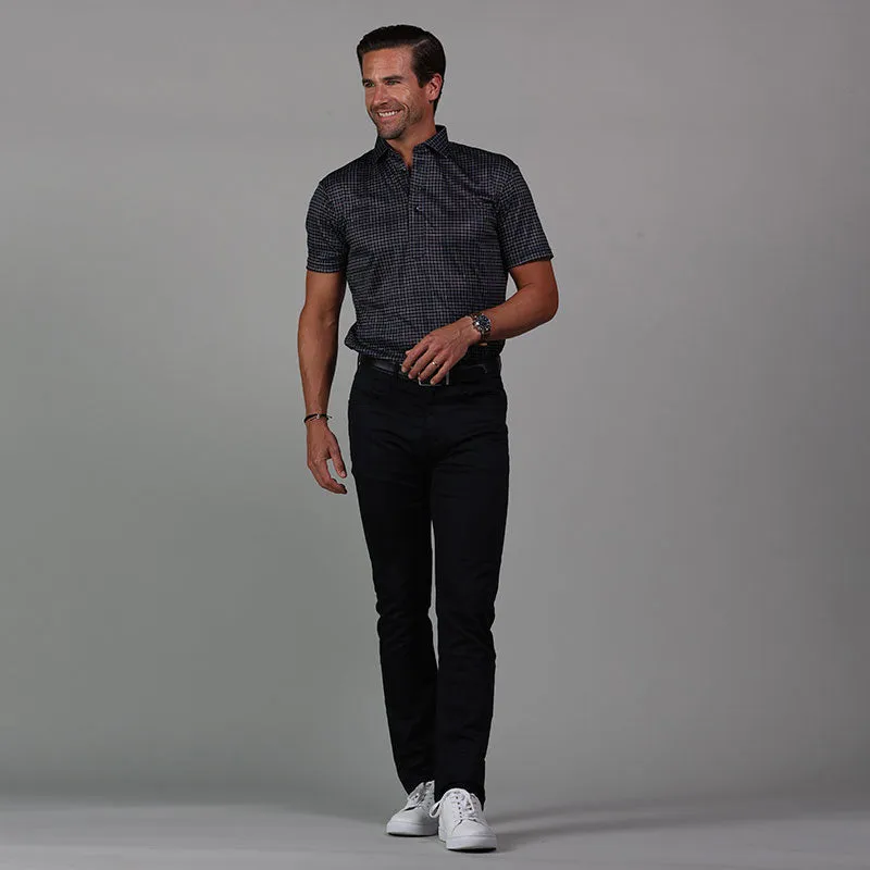 Semi-Spread Collar Polo Black Geometric Grid