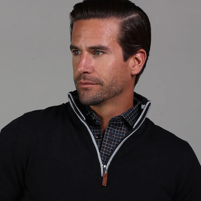 Semi-Spread Collar Polo Black Geometric Grid