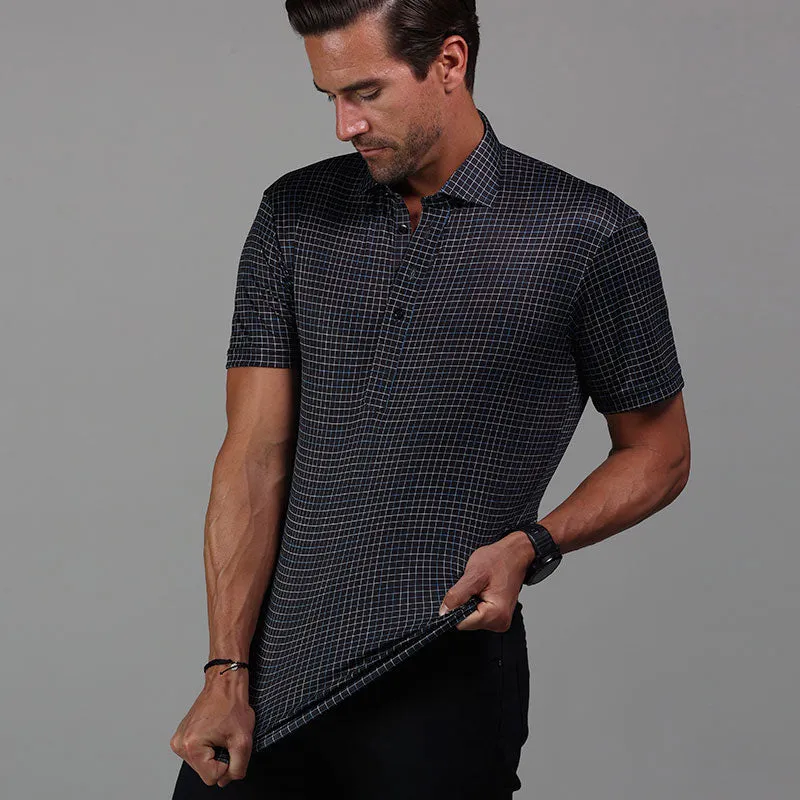 Semi-Spread Collar Polo Black Geometric Grid