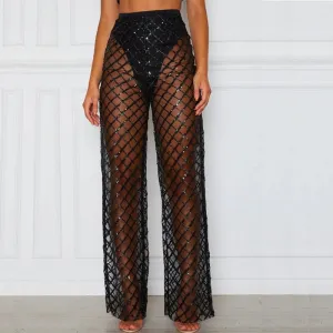 Sexy High Waist Perspective Hollow Out Cutout Gold Silk Mesh Sunscreen Pants Trousers for Women