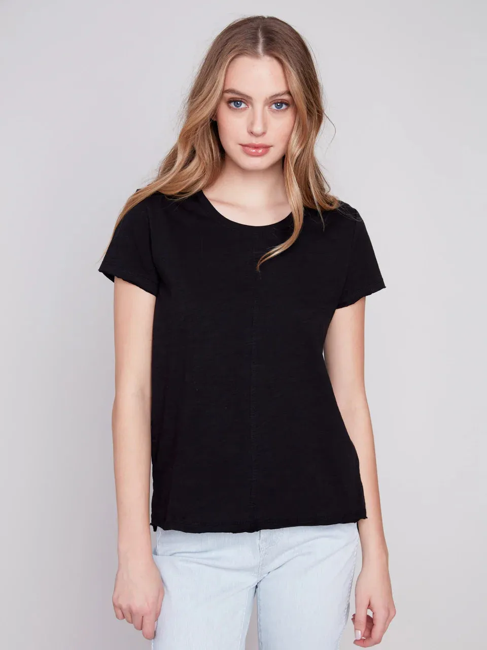 SHORT SLEEVE BLACK COTTON KNIT TOP