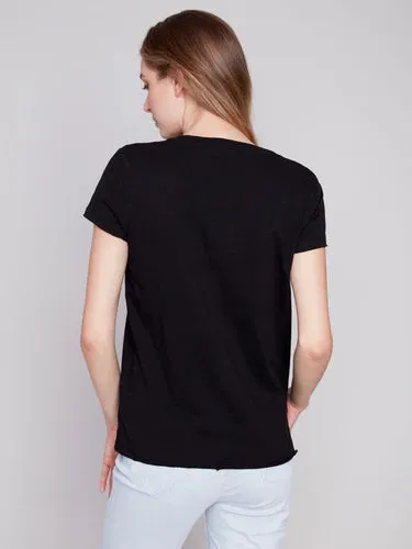 SHORT SLEEVE BLACK COTTON KNIT TOP