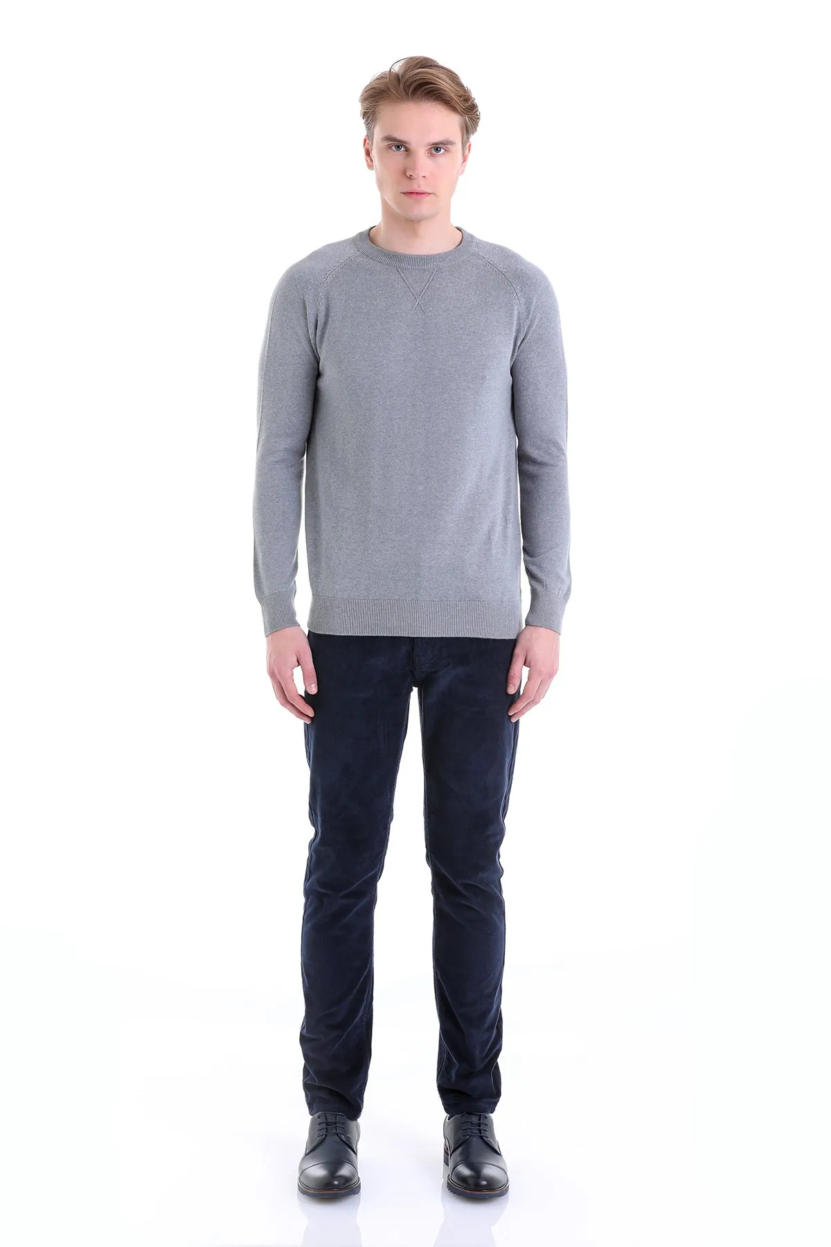 Slim Fit Gray Cotton Blend Crewneck Sweater