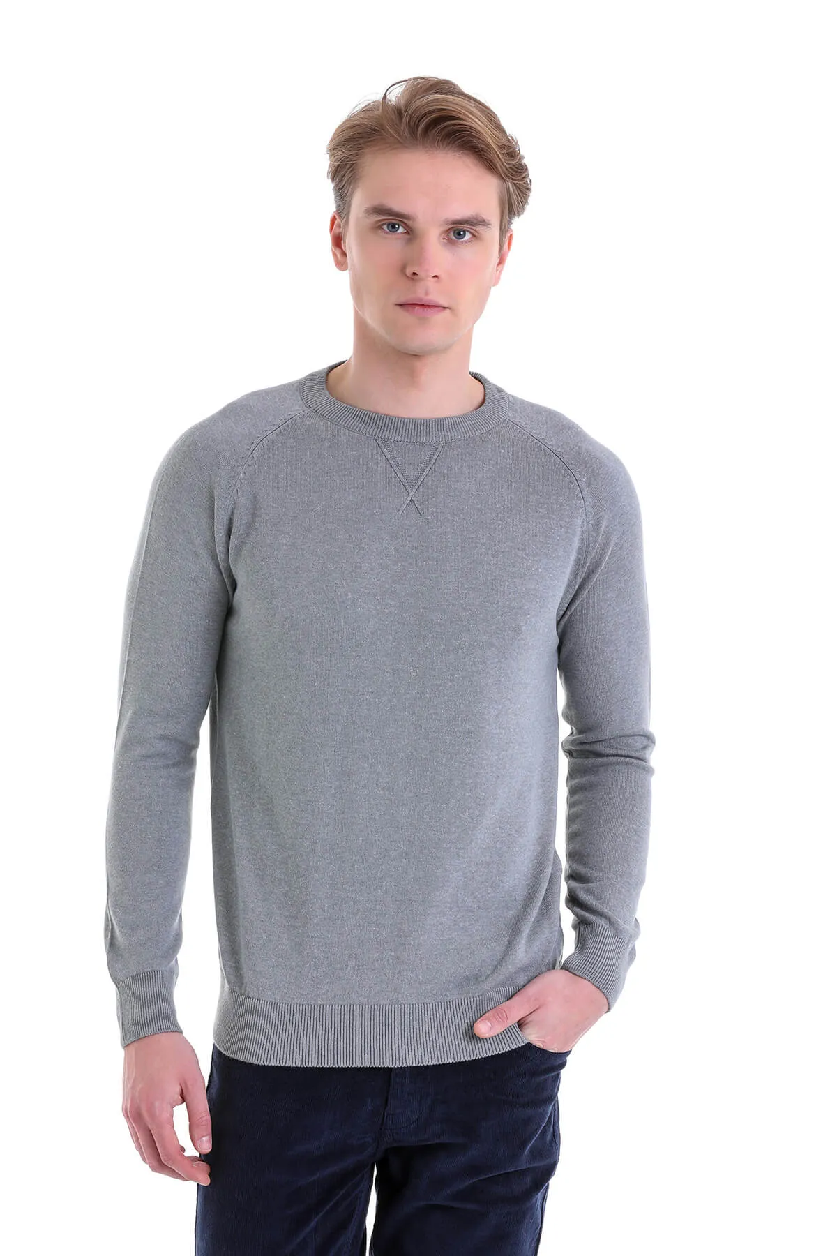 Slim Fit Gray Cotton Blend Crewneck Sweater