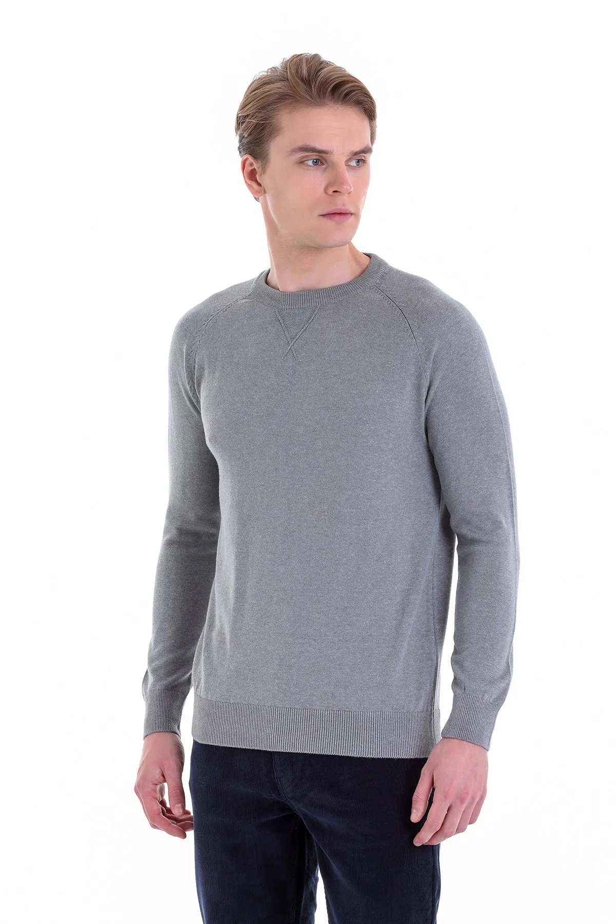 Slim Fit Gray Cotton Blend Crewneck Sweater