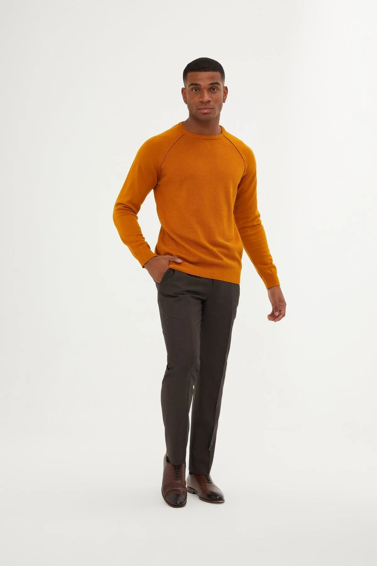 Slim Fit Mustard Cotton Blend Crewneck Sweater