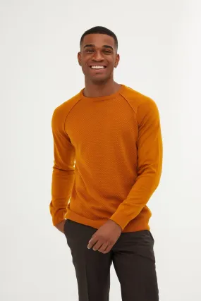 Slim Fit Mustard Cotton Blend Crewneck Sweater