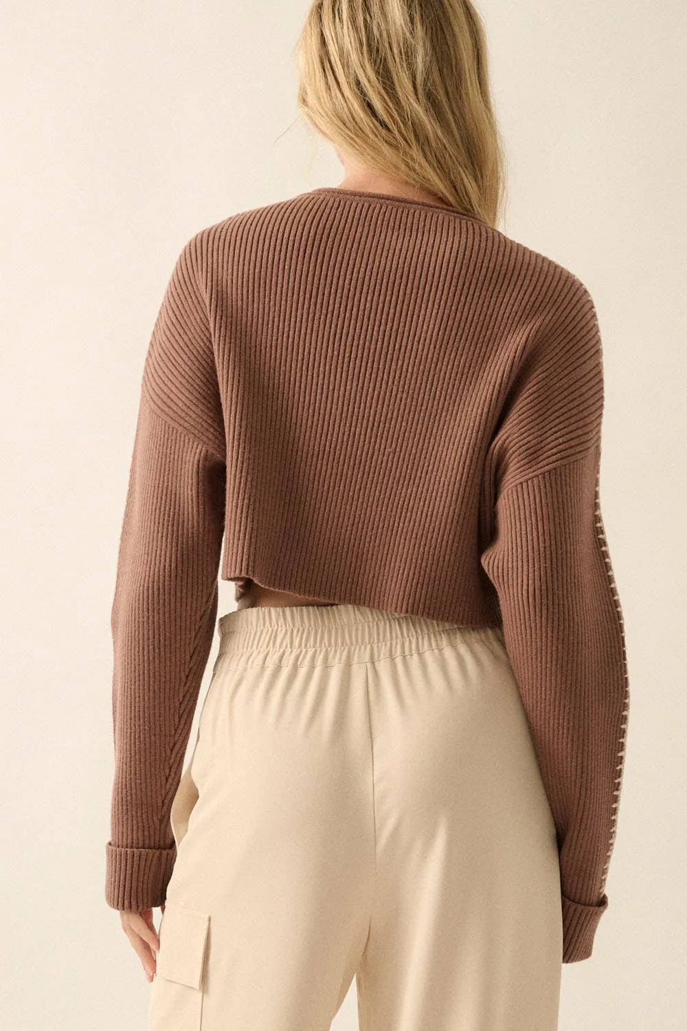 Solid Round Neck Rib Knit Stitch Seam Sweater