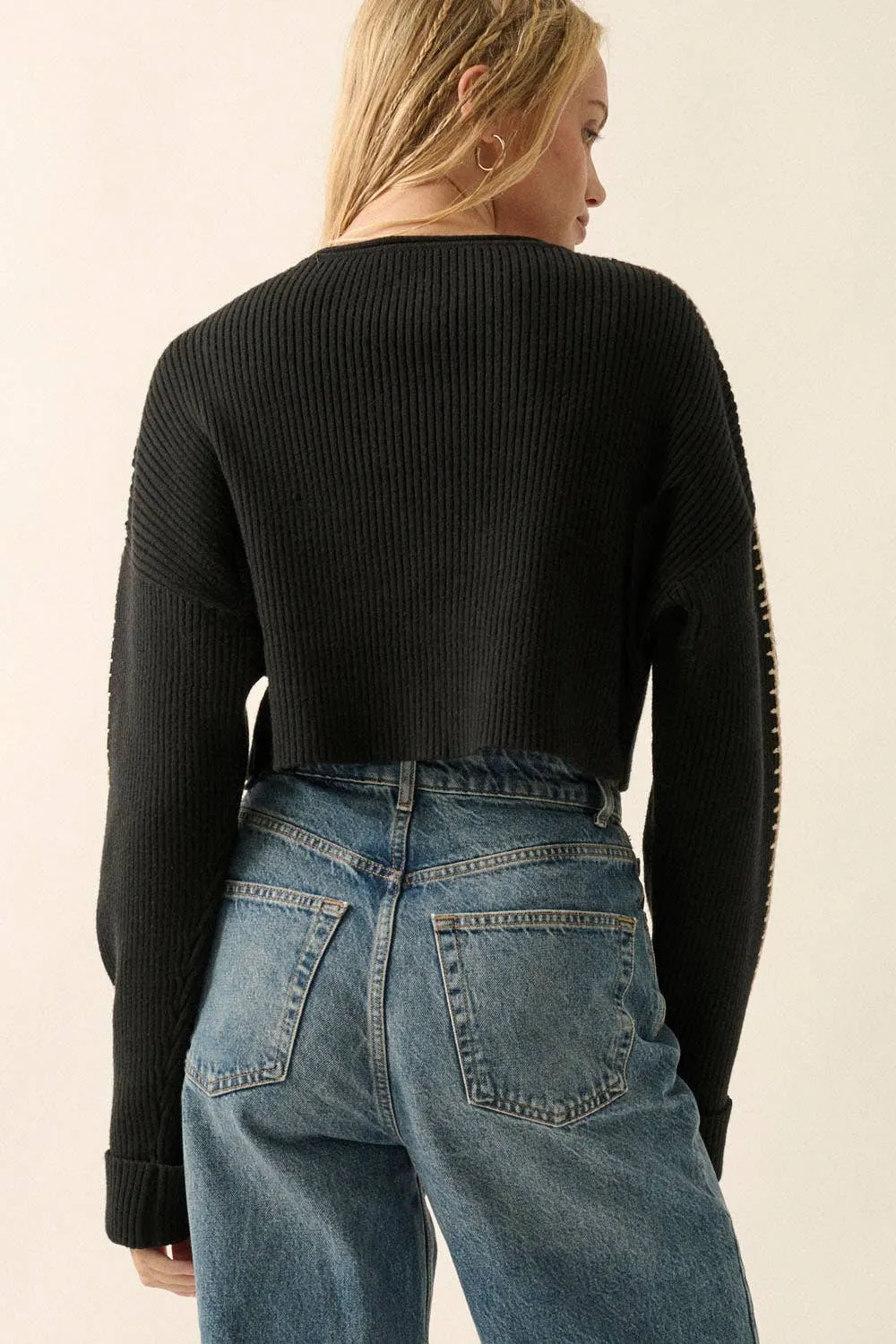 Solid Round Neck Rib Knit Stitch Seam Sweater