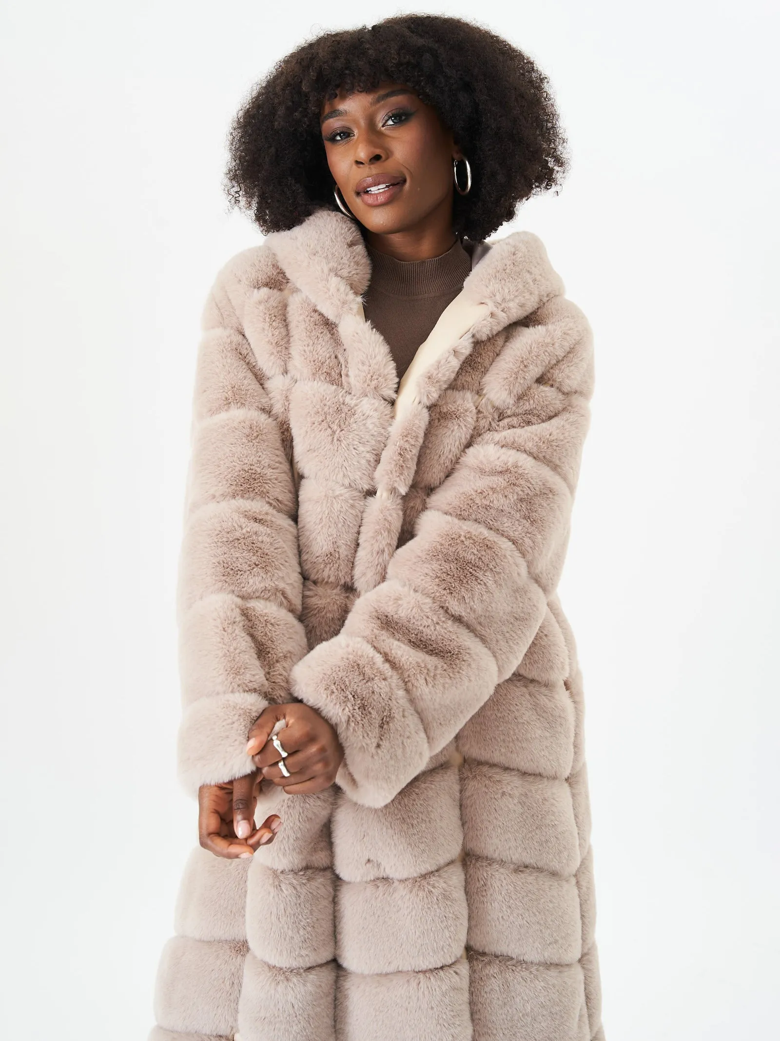 Stone Panelled Hooded Longline Fur Coat