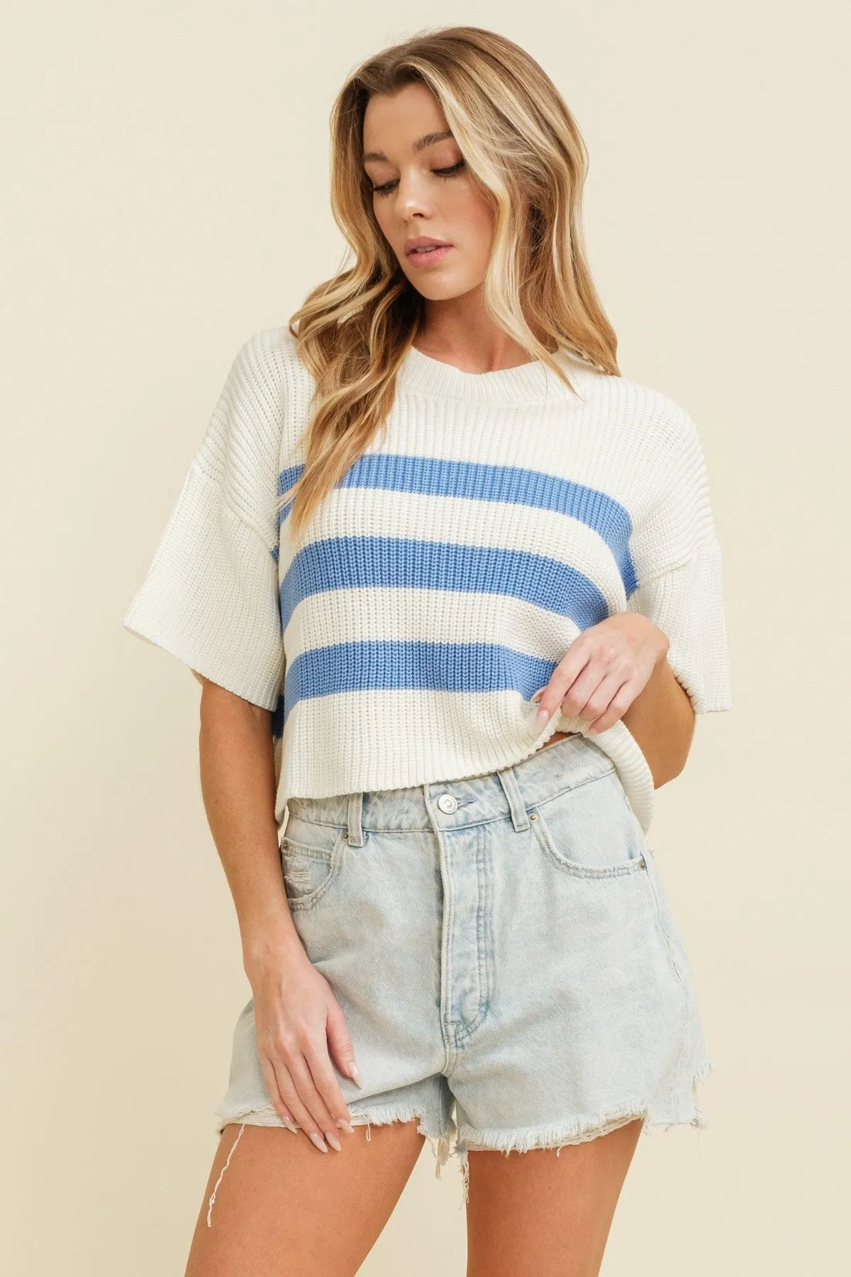 STRIPE CROP SHORT SLEEVE SWEATER