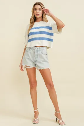 STRIPE CROP SHORT SLEEVE SWEATER