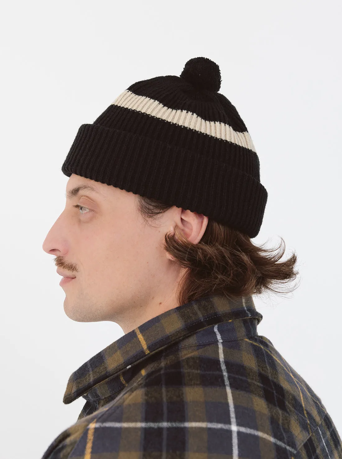 Stripe Pom Pom Beanie - Black