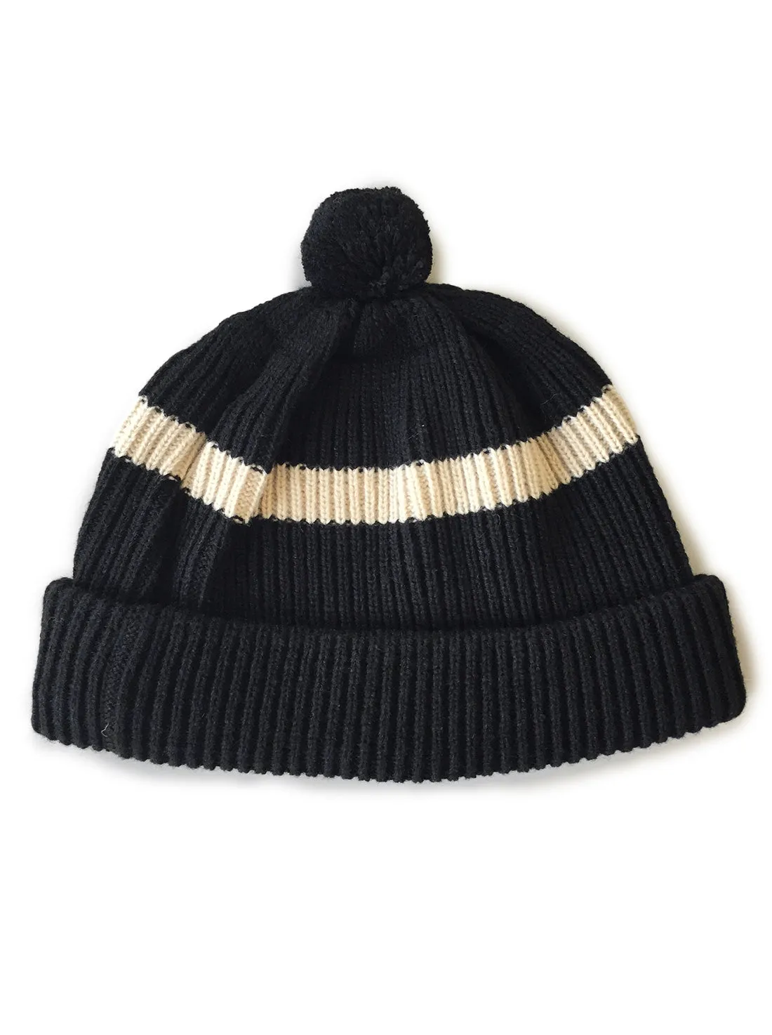 Stripe Pom Pom Beanie - Black