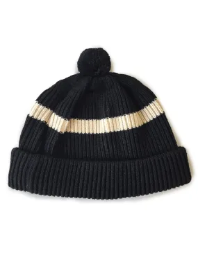 Stripe Pom Pom Beanie - Black