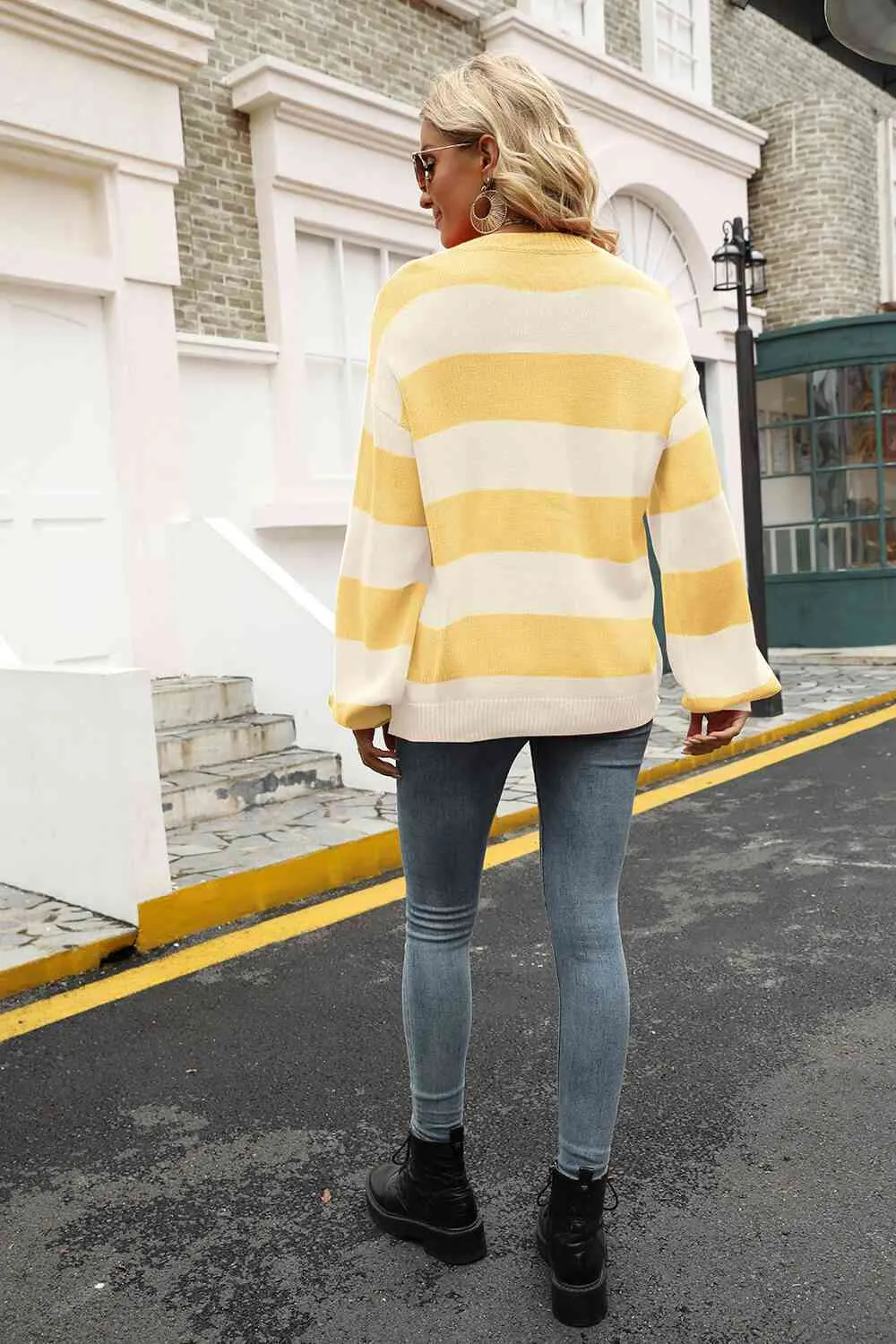 Striped Balloon Sleeve Knit Pullover