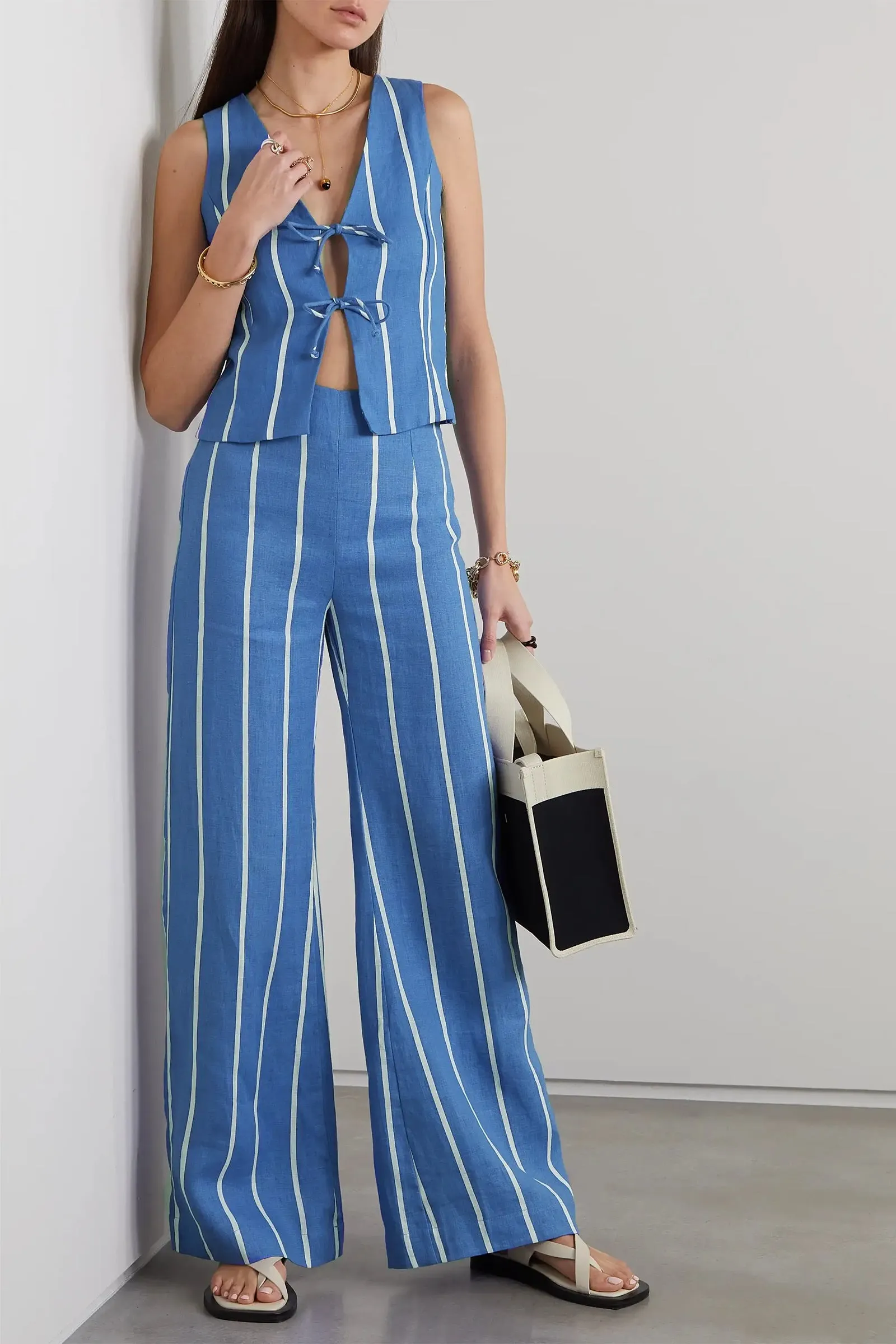 Striped Linen Elfie Tie-front top and La Plage De Mau Flared Pants Set