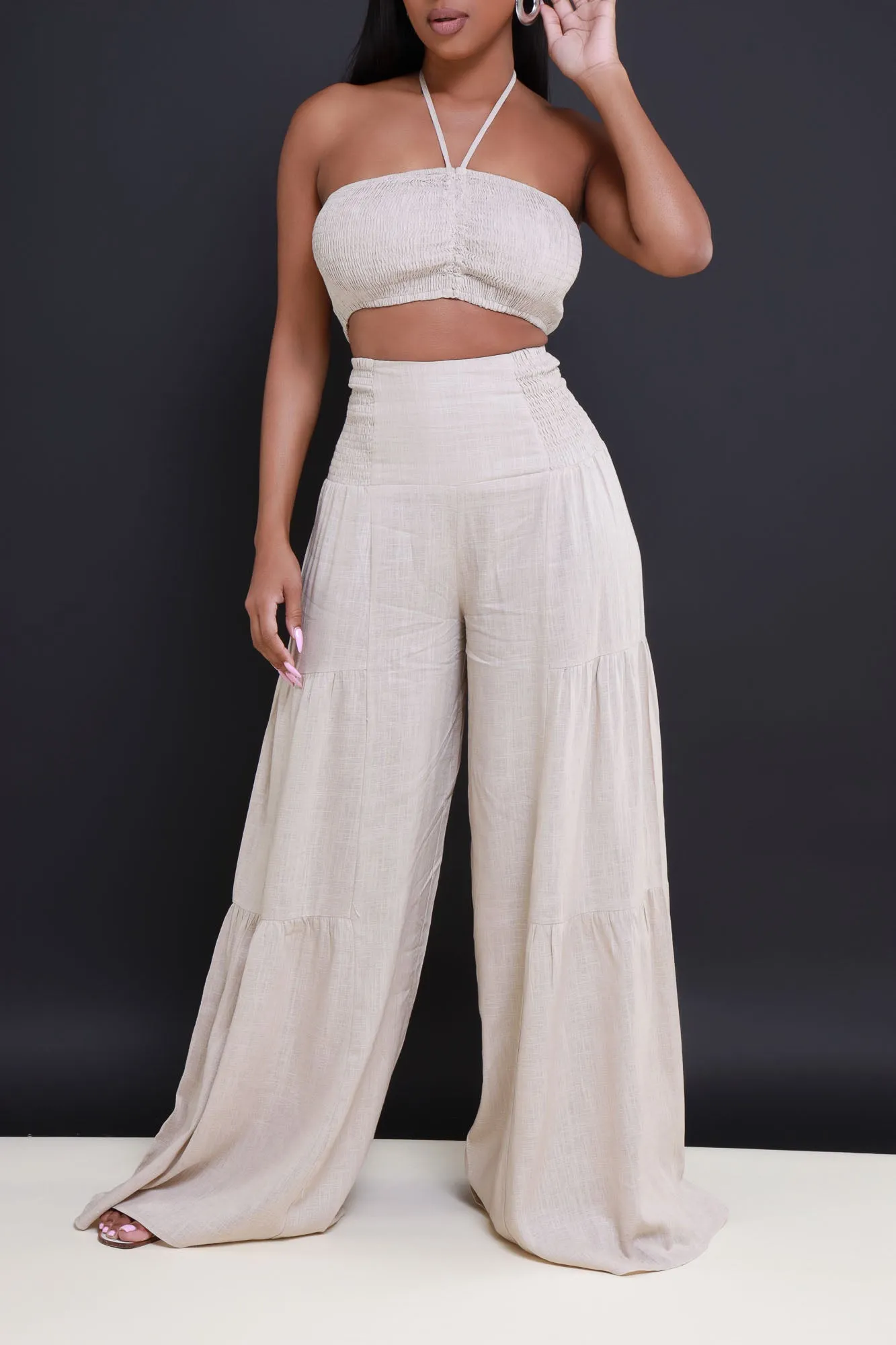 Surrender Cropped Wide Leg Pants Set - Beige