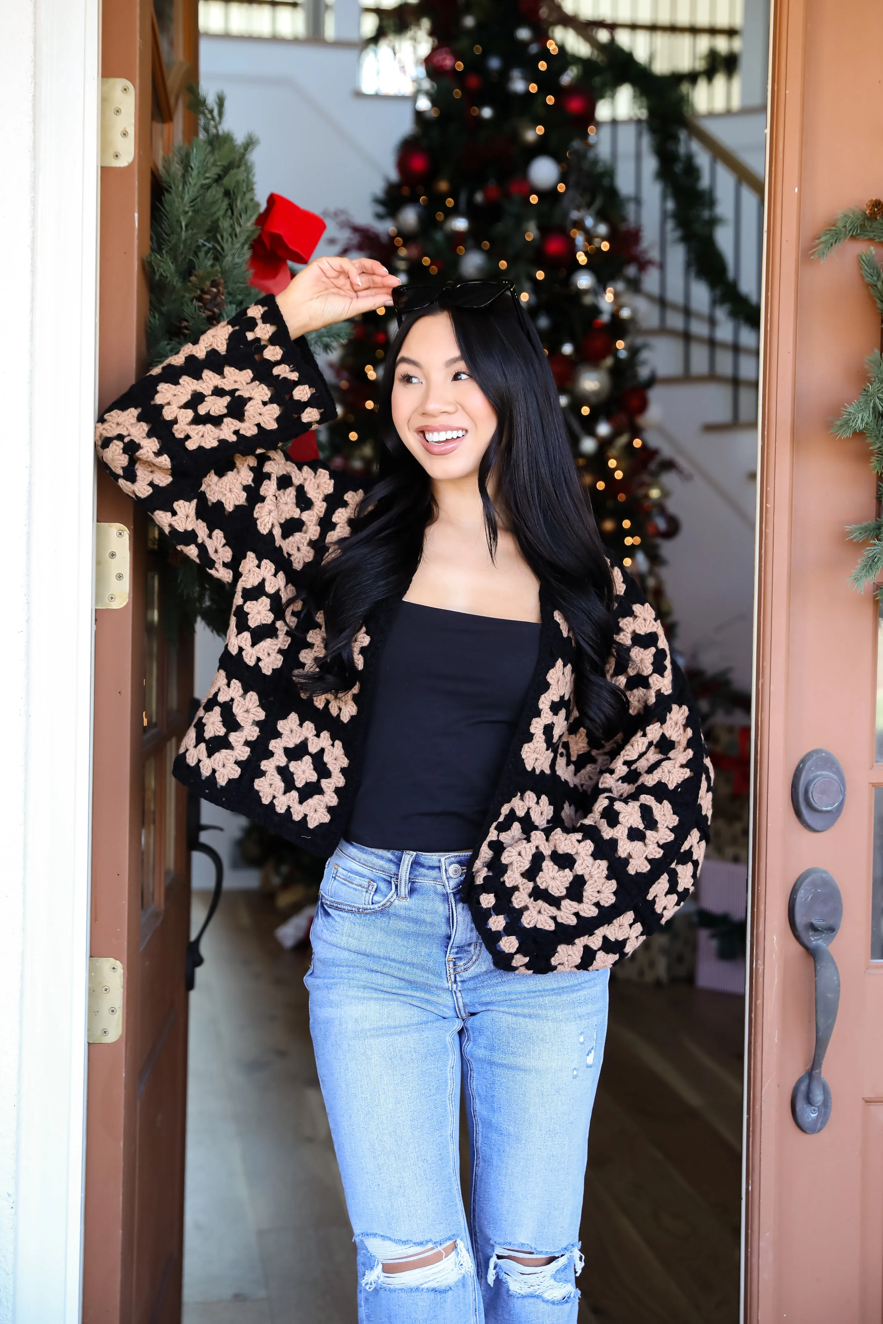 Timeless Warmth Black Crochet Knit Cardigan