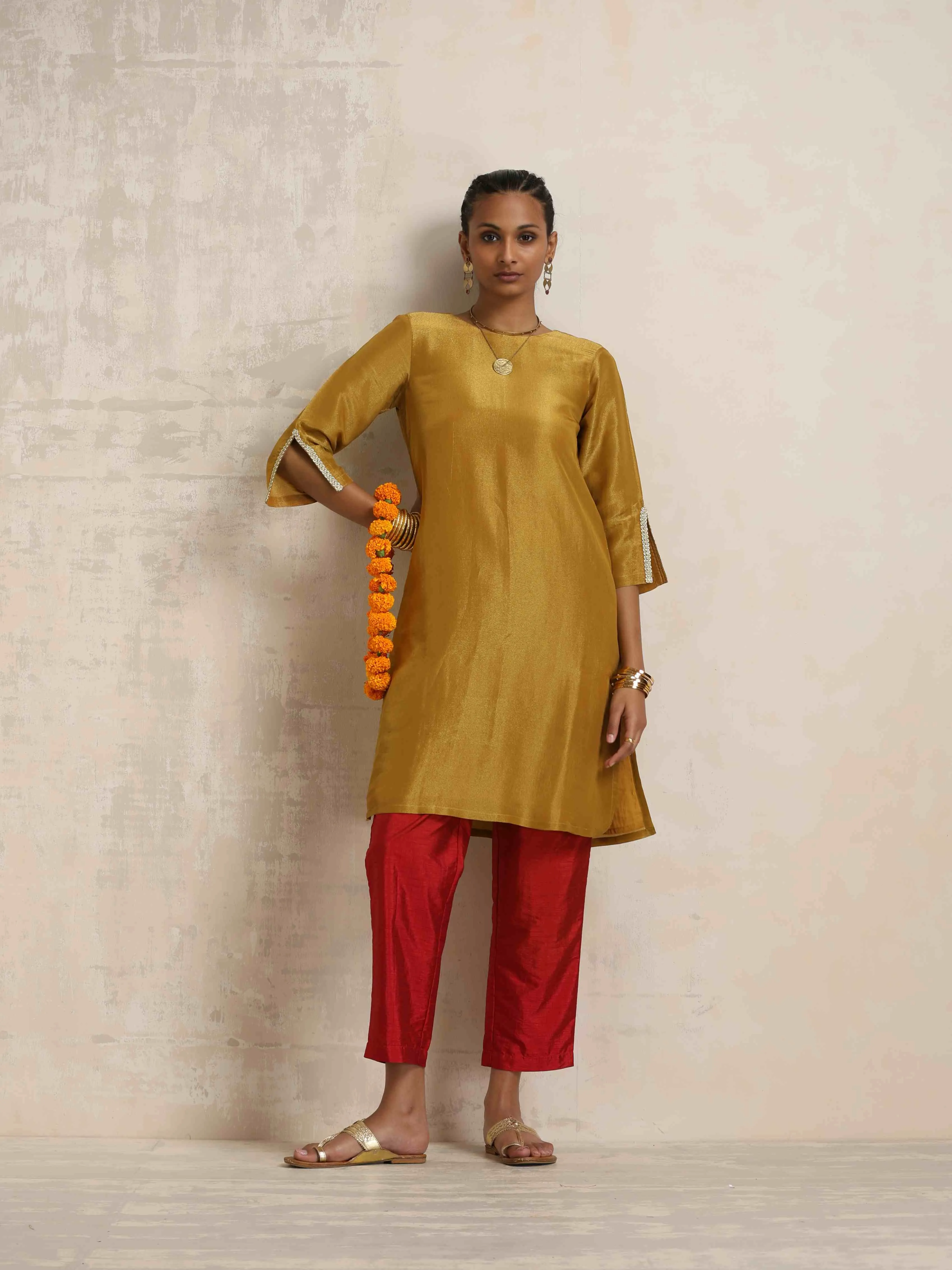 trueBrowns Gold Tissue Kurta Co-ord Set