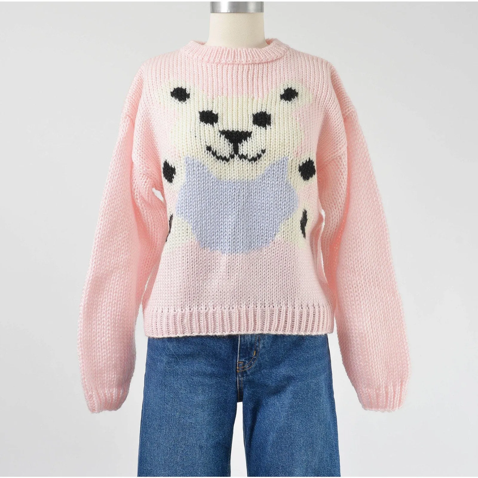 Vintage 80s Pink Teddy Bear Sweater Hand Knit Cute Kawaii Animal Pullover Sweater size Medium