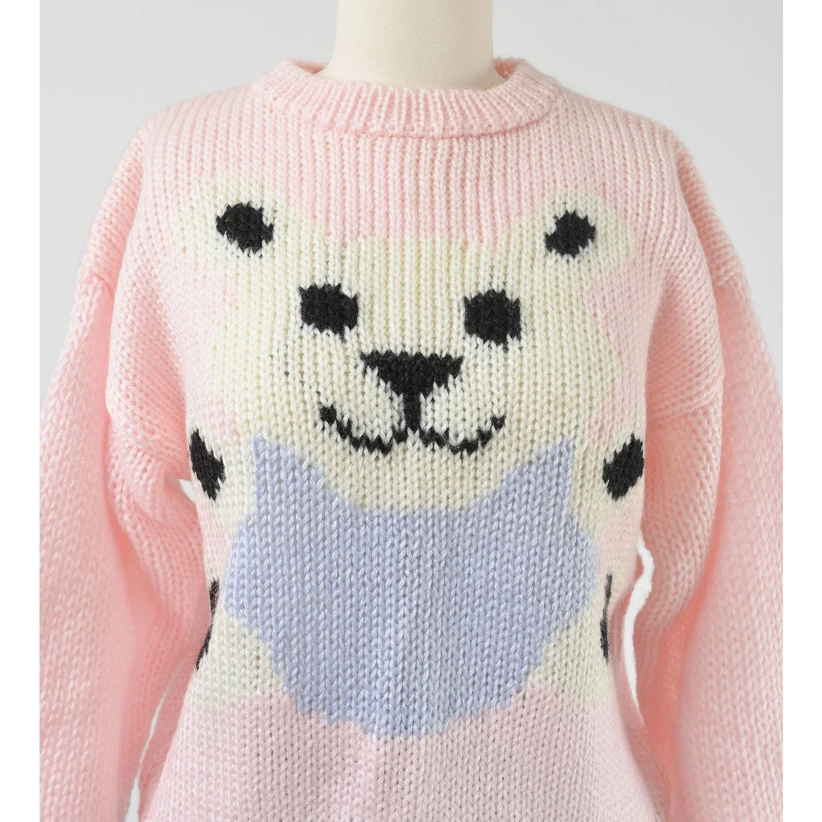 Vintage 80s Pink Teddy Bear Sweater Hand Knit Cute Kawaii Animal Pullover Sweater size Medium