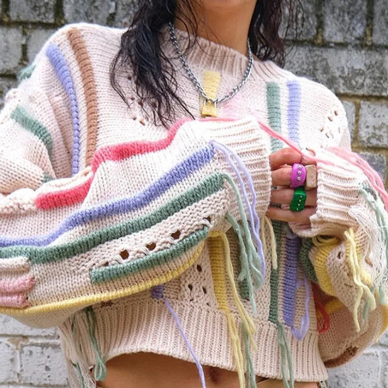 Vintage Fringed Tassel Crop Sweater