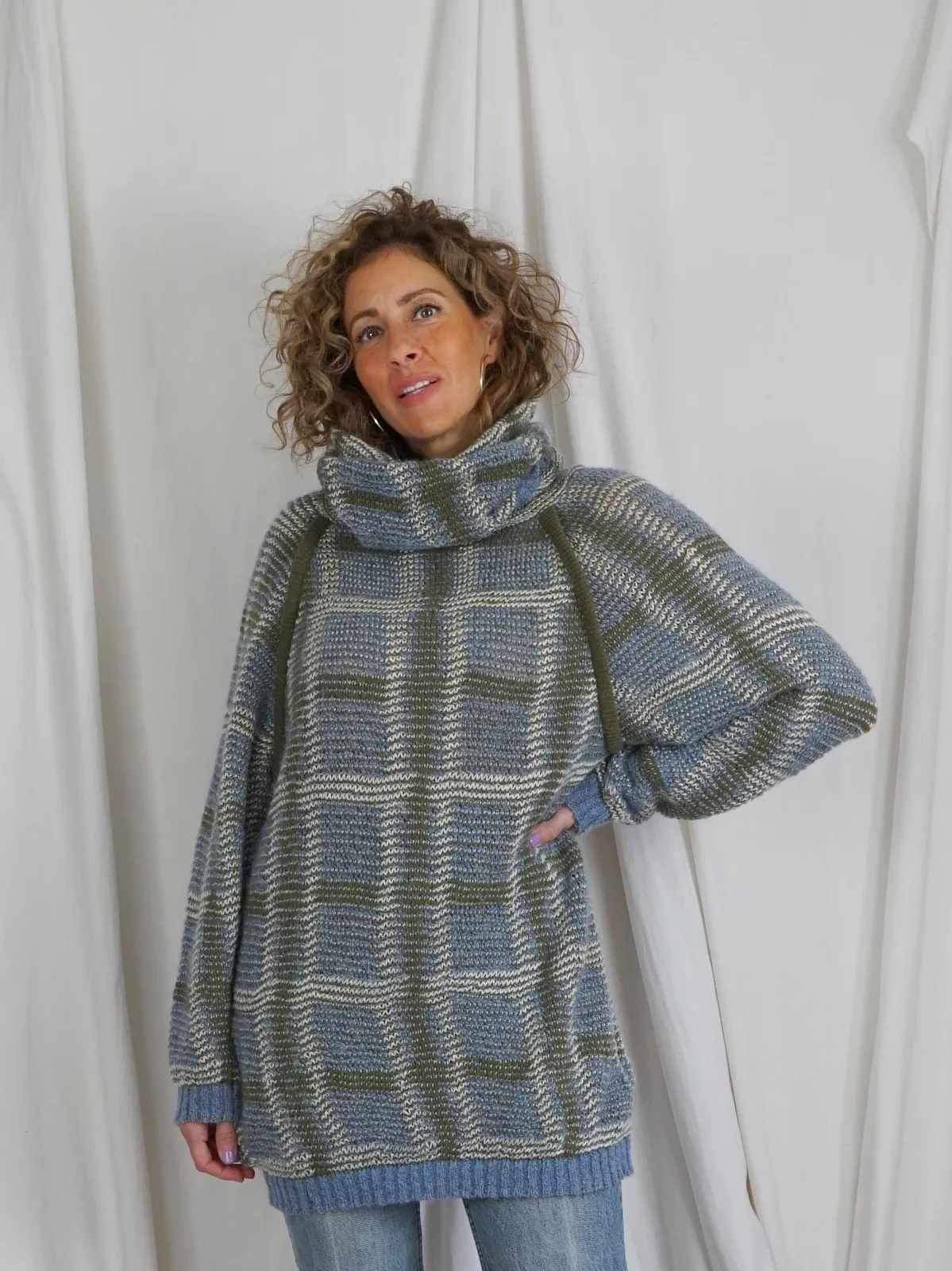 Vintage Plaid Cowl Neck Tunic Sweater