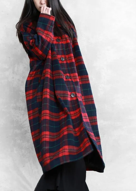 vintage plus size Winter coat woolen outwear red plaid Notched pockets wool overcoat