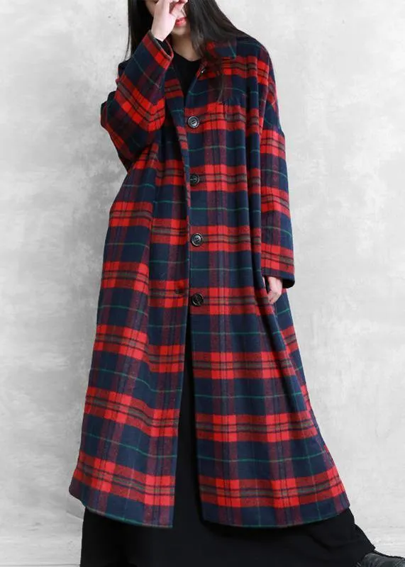 vintage plus size Winter coat woolen outwear red plaid Notched pockets wool overcoat