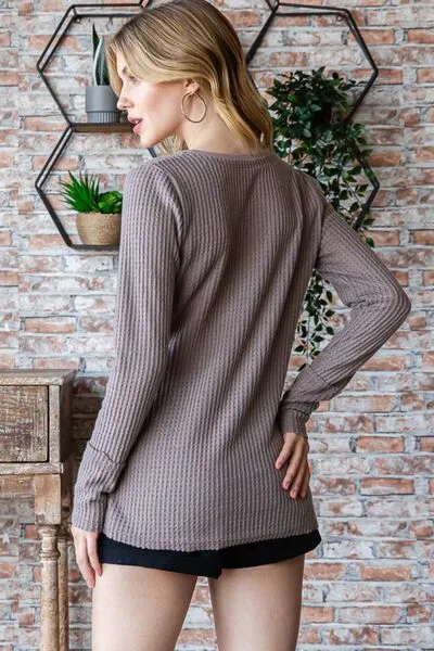 Waffle Knit Notched Long Sleeve Top