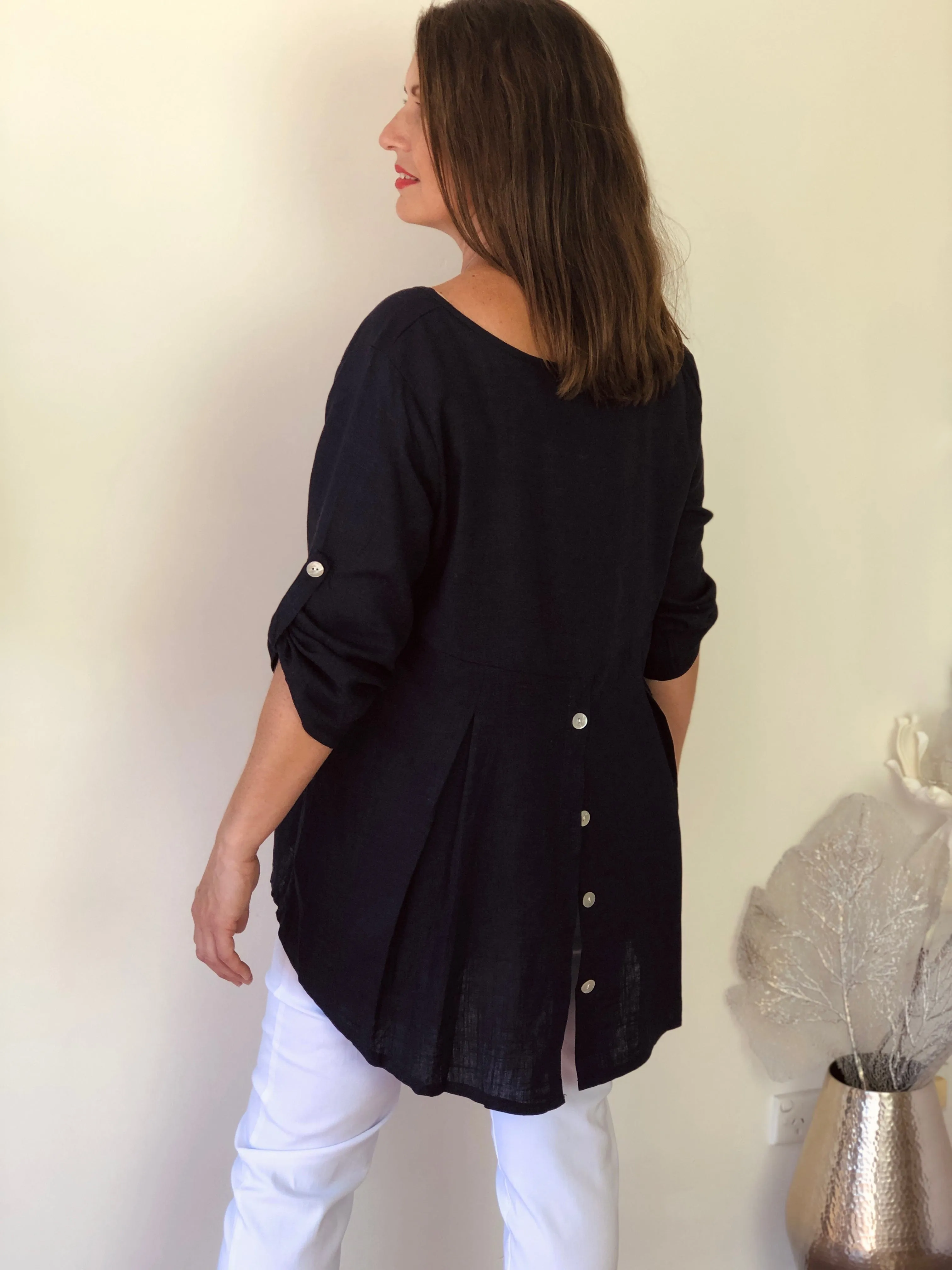 Waltina Black Linen Top