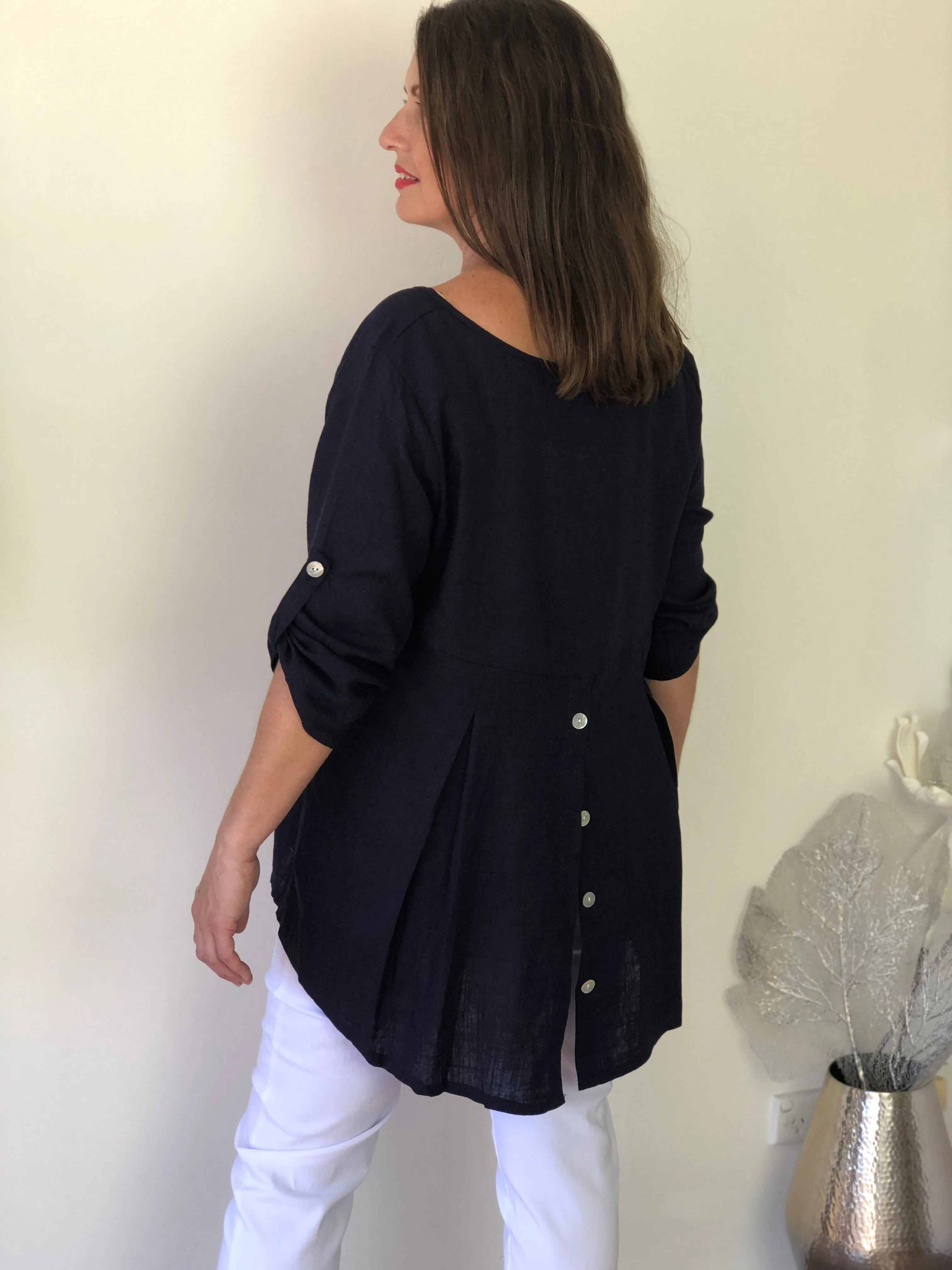 Waltina Navy Linen Top