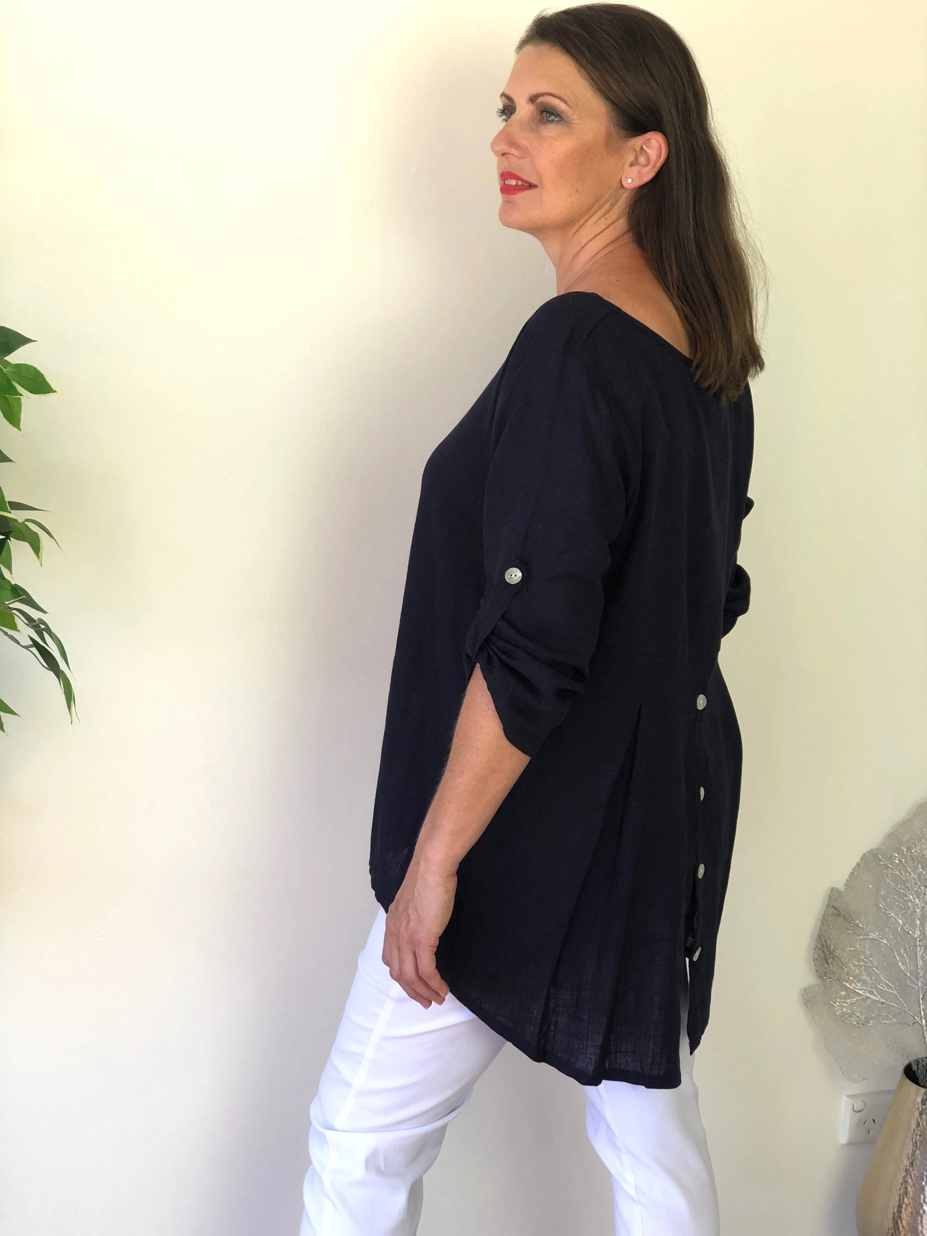 Waltina Navy Linen Top