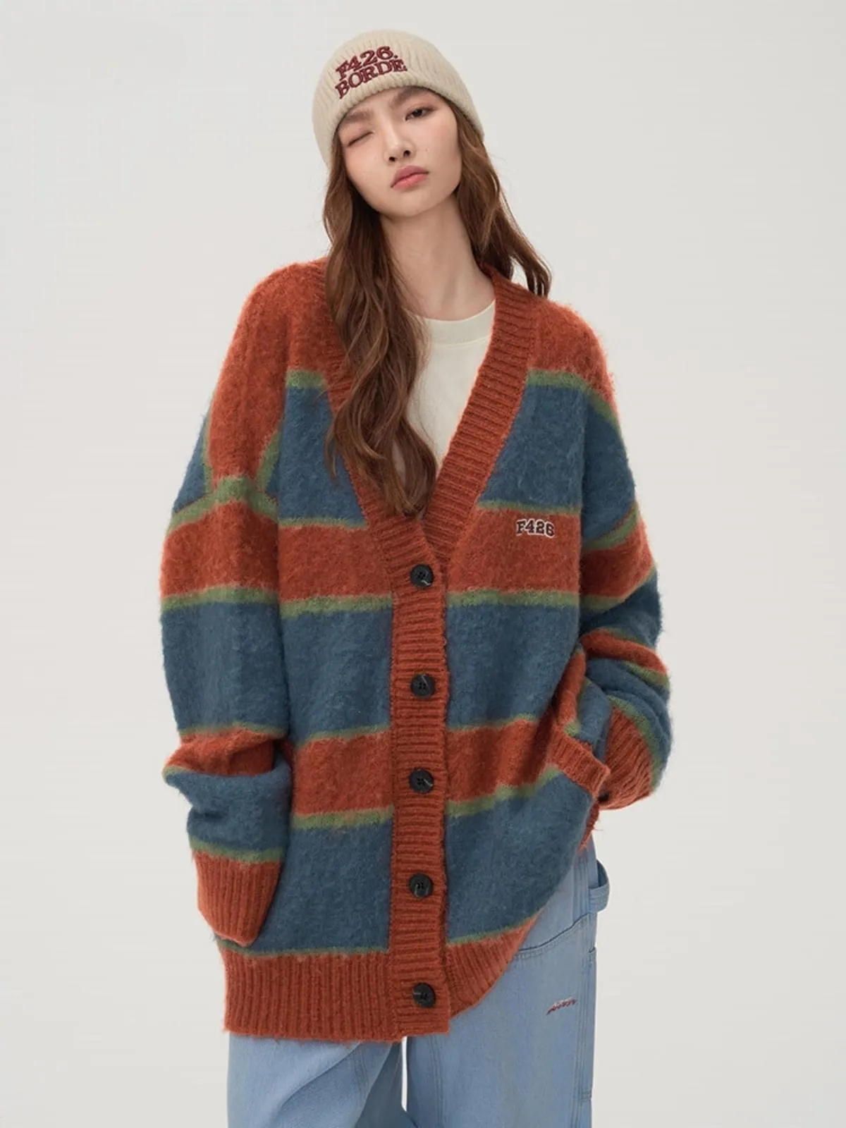 We Love Street Vintage Loose Knit Brushed Striped Cardigan