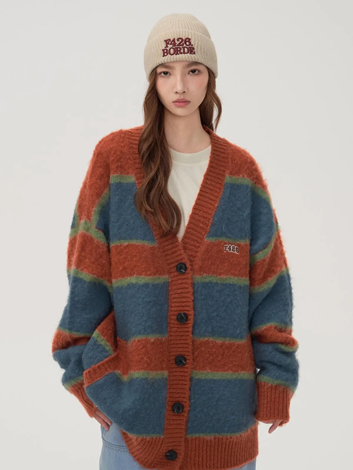 We Love Street Vintage Loose Knit Brushed Striped Cardigan