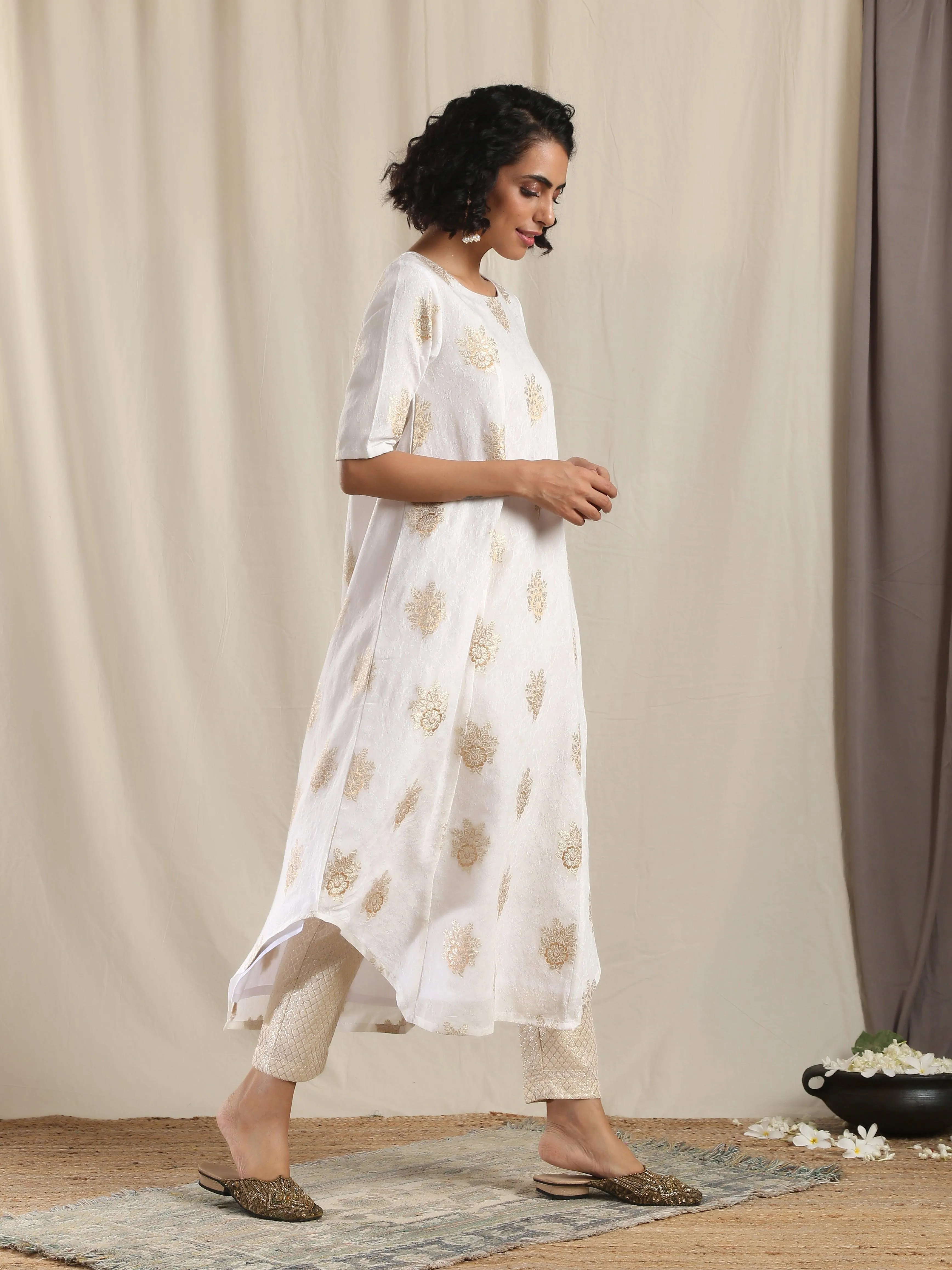 White Gold Modal Silk Asymmetric Kurta Pant Set