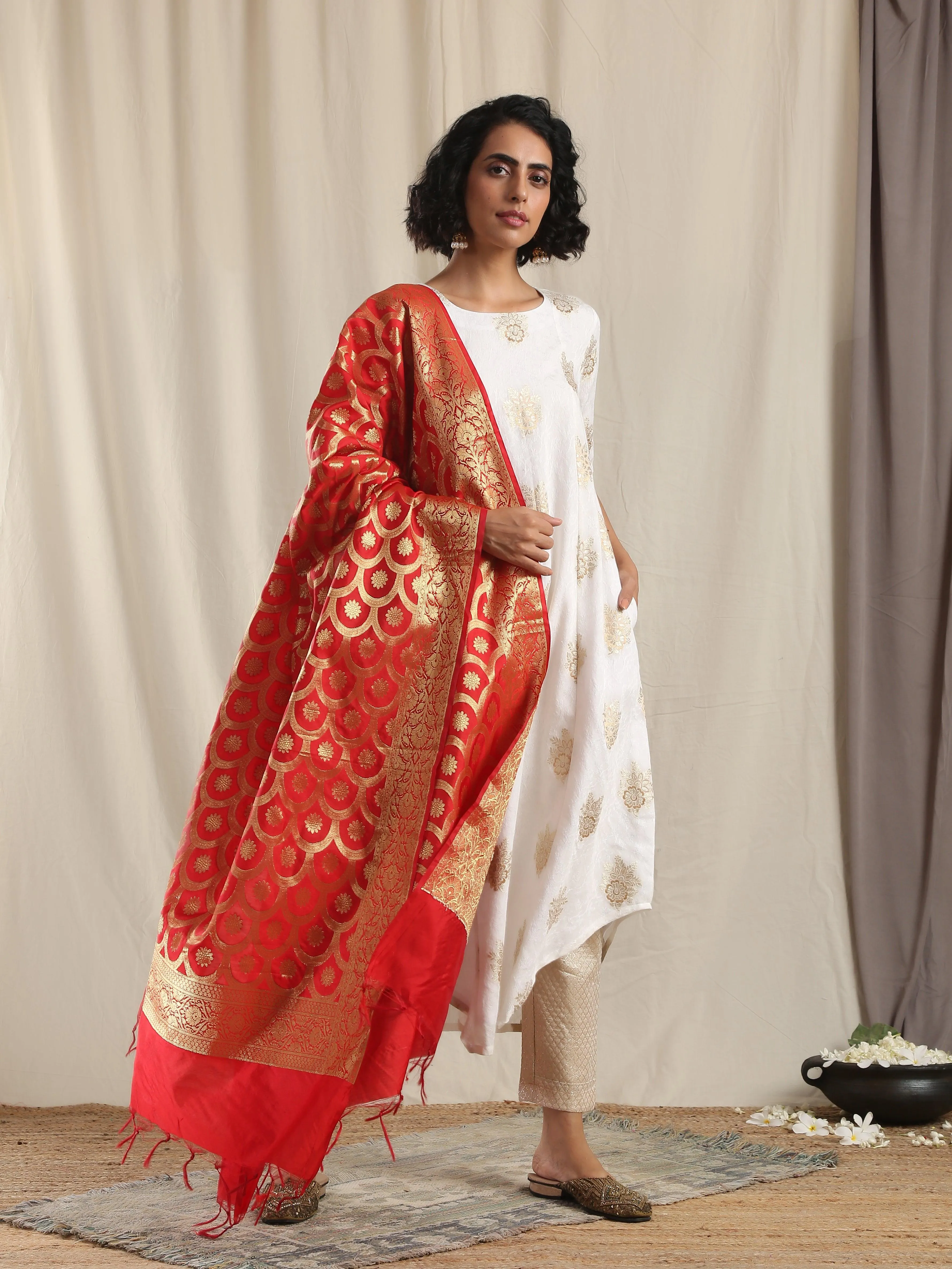 White Gold Modal Silk Asymmetric Kurta Pant Set