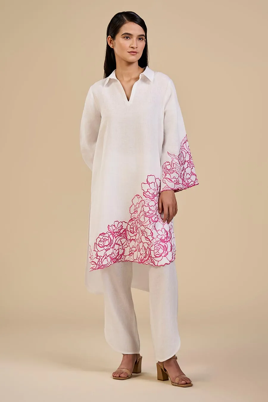 White Rose Garden Pink Embroidered Kurta & Pant Set