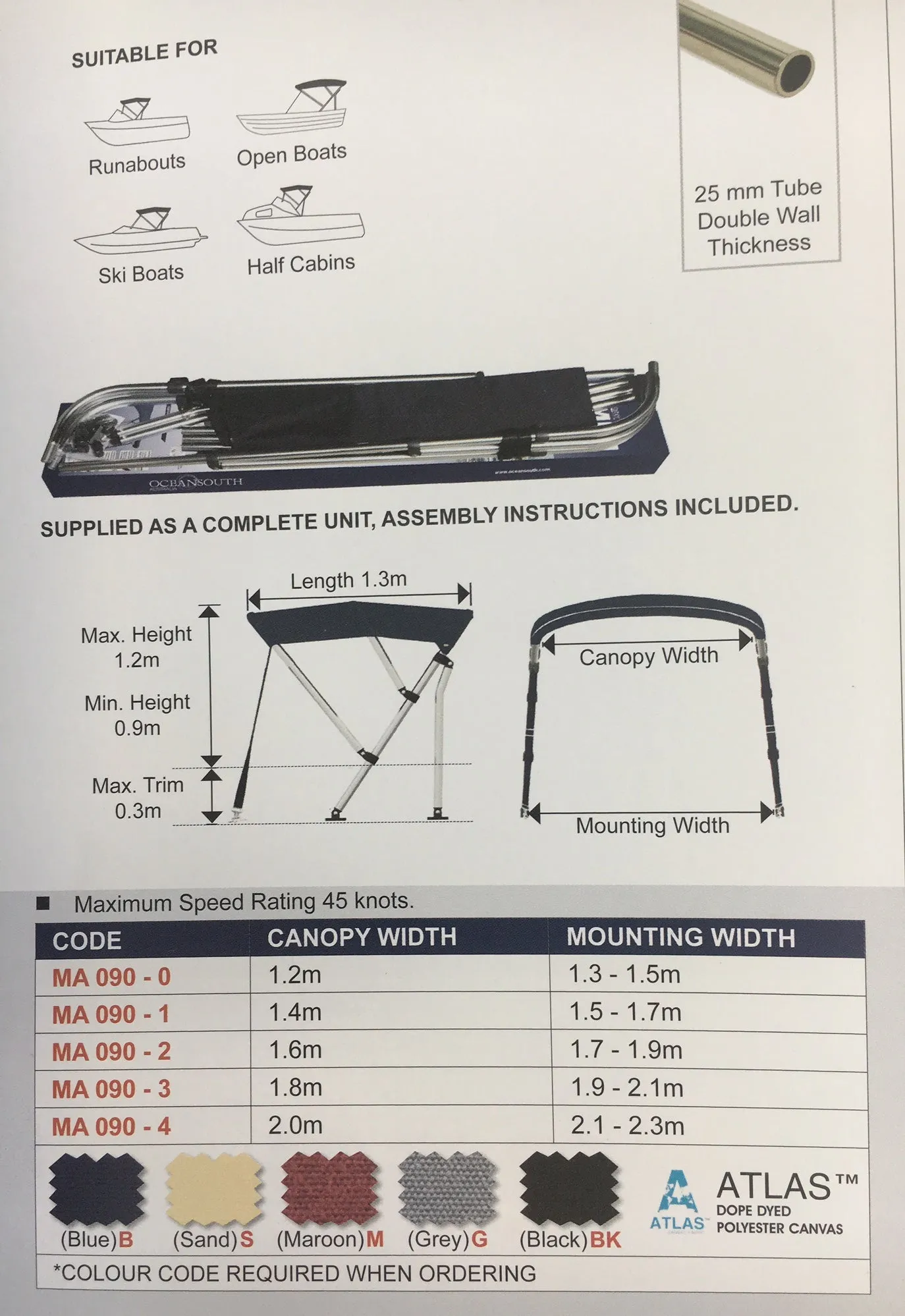 WHITEWATER BIMINI - 1.3 to 1.5m Various Colours OCEANSOUTH