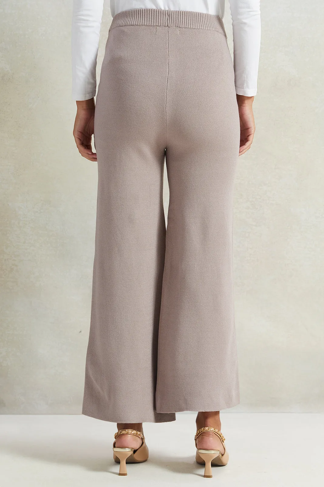 Women Beige Brown Wide Leg Knit Trouser