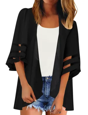 Women Open Front Loose Kimono Cardigan Mesh Bell Sleeve Beach Cover Up