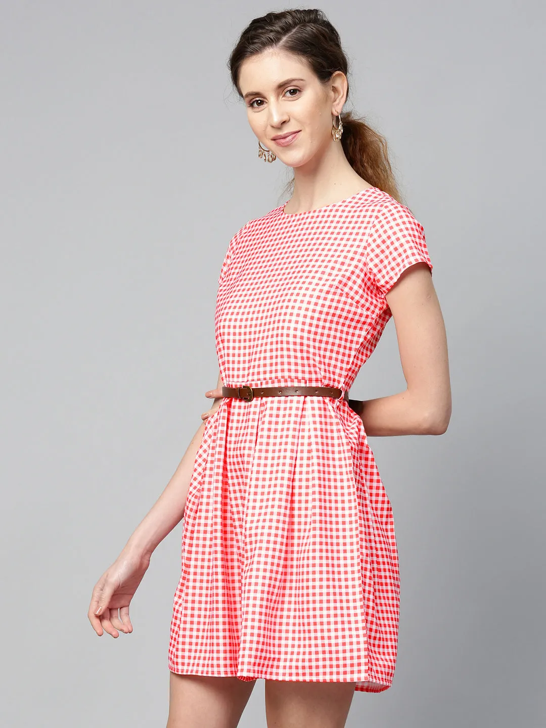 Women Red & White Check Skater Dress